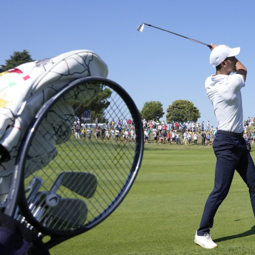 Novak Djokovic takes his tennis racket onto the 1st tee of golf’s Ryder Cup All-Star match | AP News