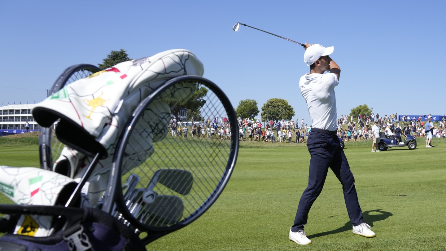 Novak Djokovic takes his tennis racket onto the 1st tee of golf’s Ryder Cup All-Star match | AP News
