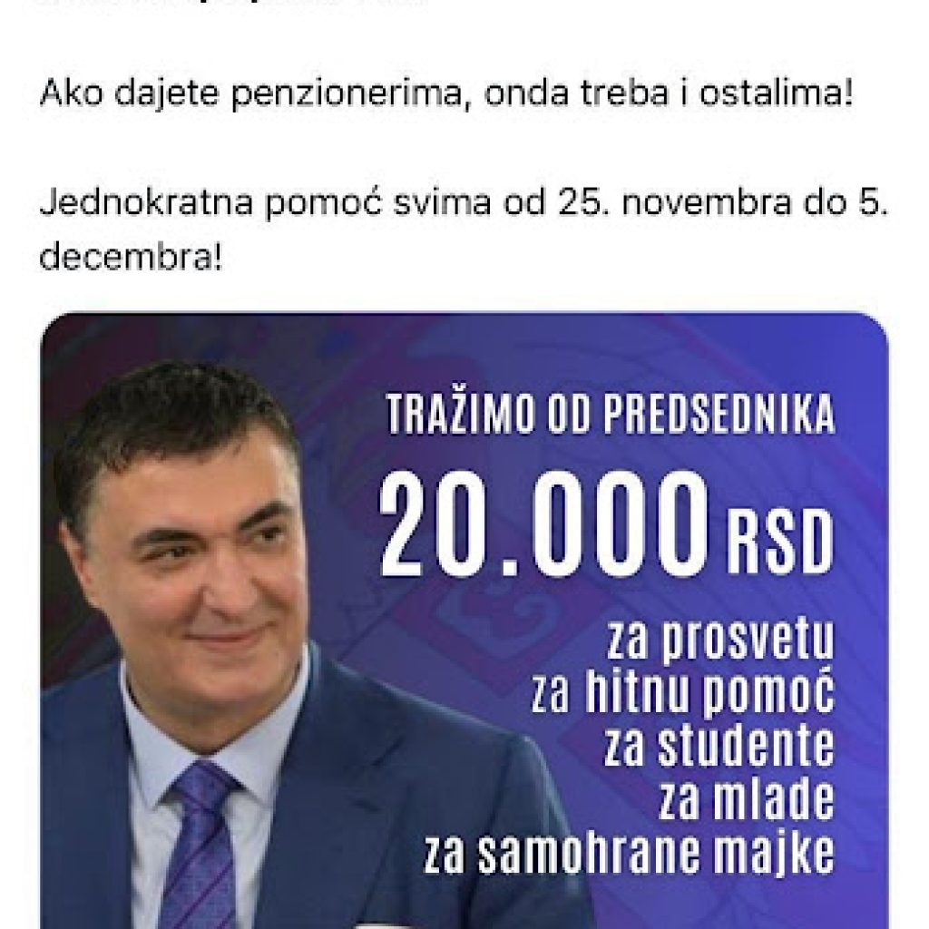 Basta: Narod ne sme da se deli, svima jednokratna pomoć kao penzionerima