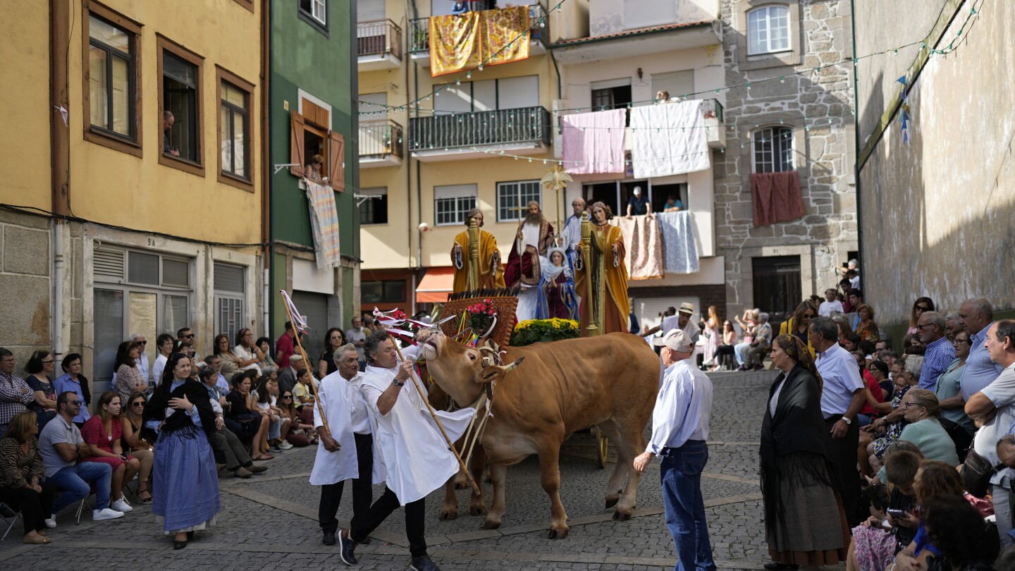 Ox-pulled floats with sacred images of Mary draw thousands to Portugal’s wine-country procession | AP News