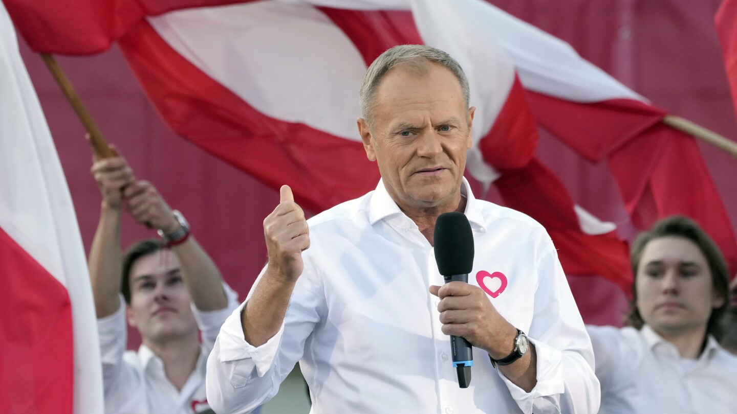 Polish opposition head Donald Tusk leads march to boost chances to unseat conservatives in election | AP News