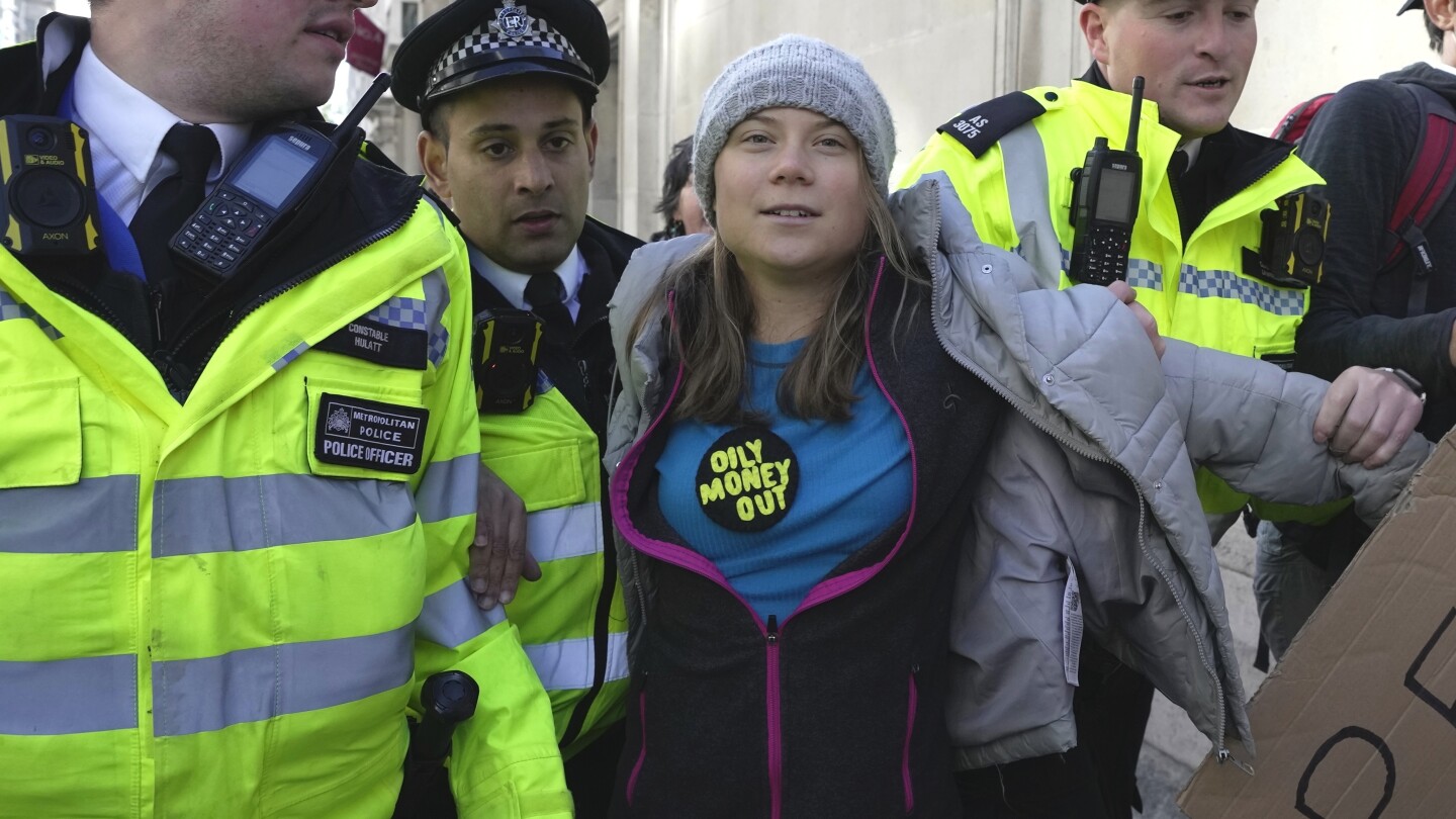 Greta Thunberg charged with public order offense in UK after arrest outside oil industry conference | AP News