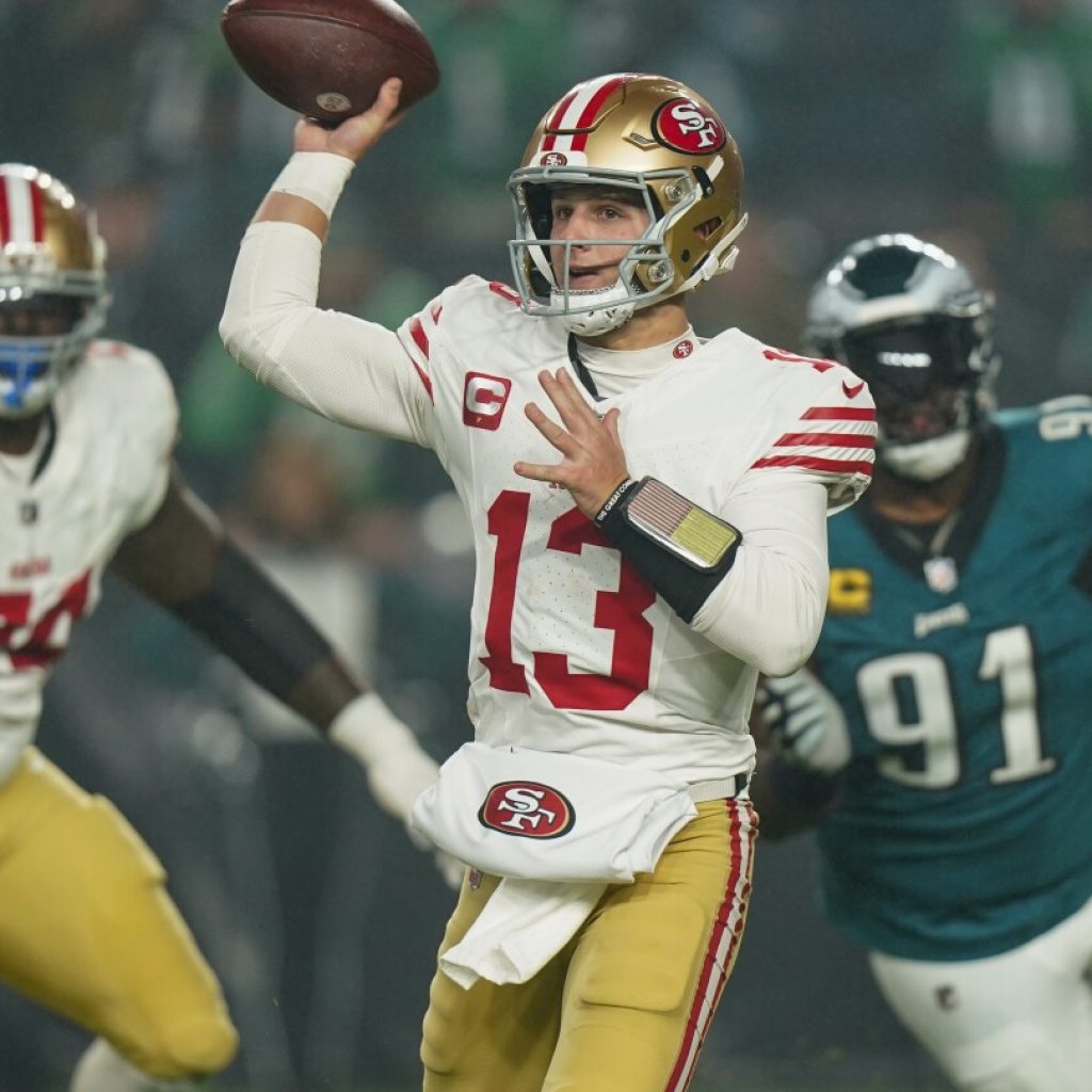 San Francisco’s Brock Purdy throws 4 TD passes as 49ers thump injured Hurts, Eagles 42-19 | AP News