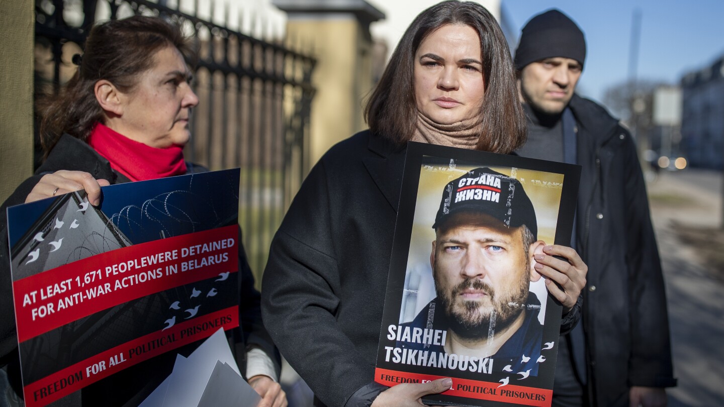 Exiled Belarus opposition leader says she hasn’t heard from her imprisoned husband for over 400 days