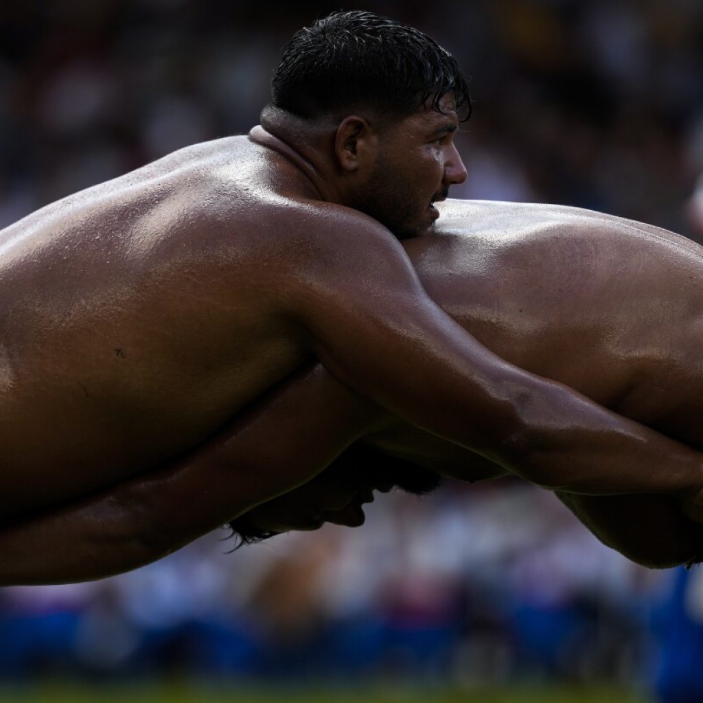 AP PHOTOS: Oil wrestlers battle for the title in a more than 600-year-old competition in Turkey