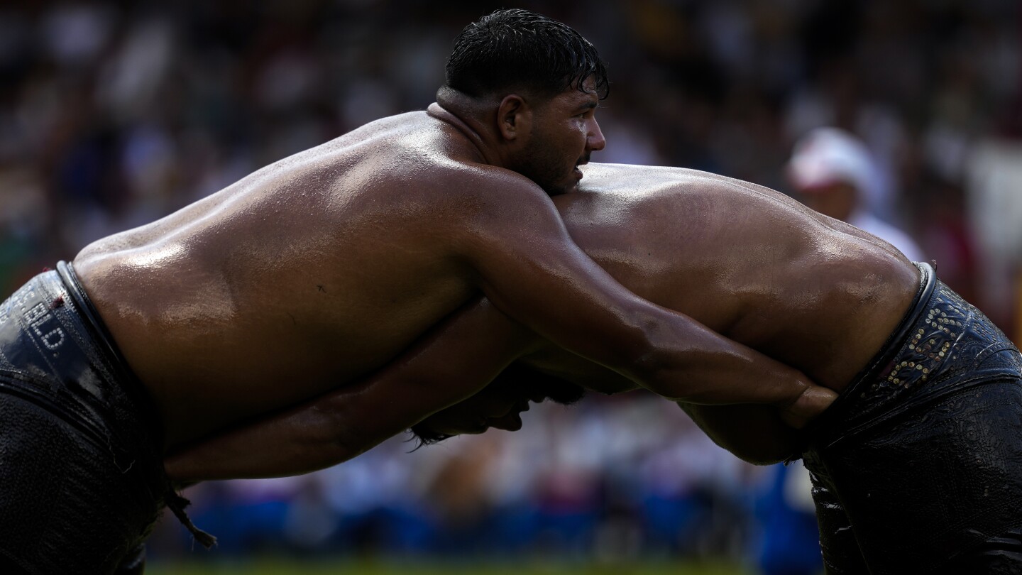 AP PHOTOS: Oil wrestlers battle for the title in a more than 600-year-old competition in Turkey