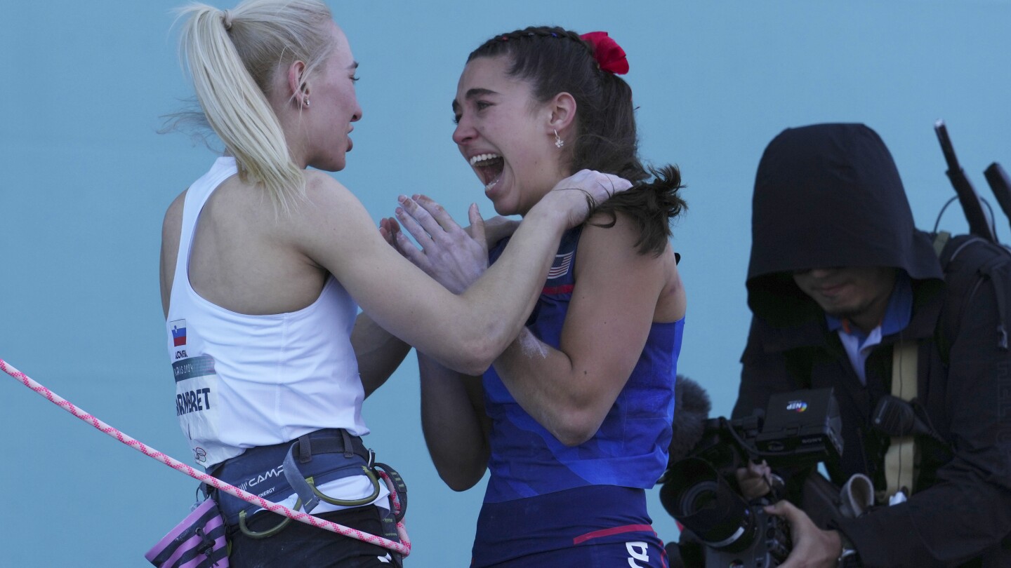 Janja Garnbret overcomes American Brooke Raboutou to defend Olympic gold medal in sport climbing