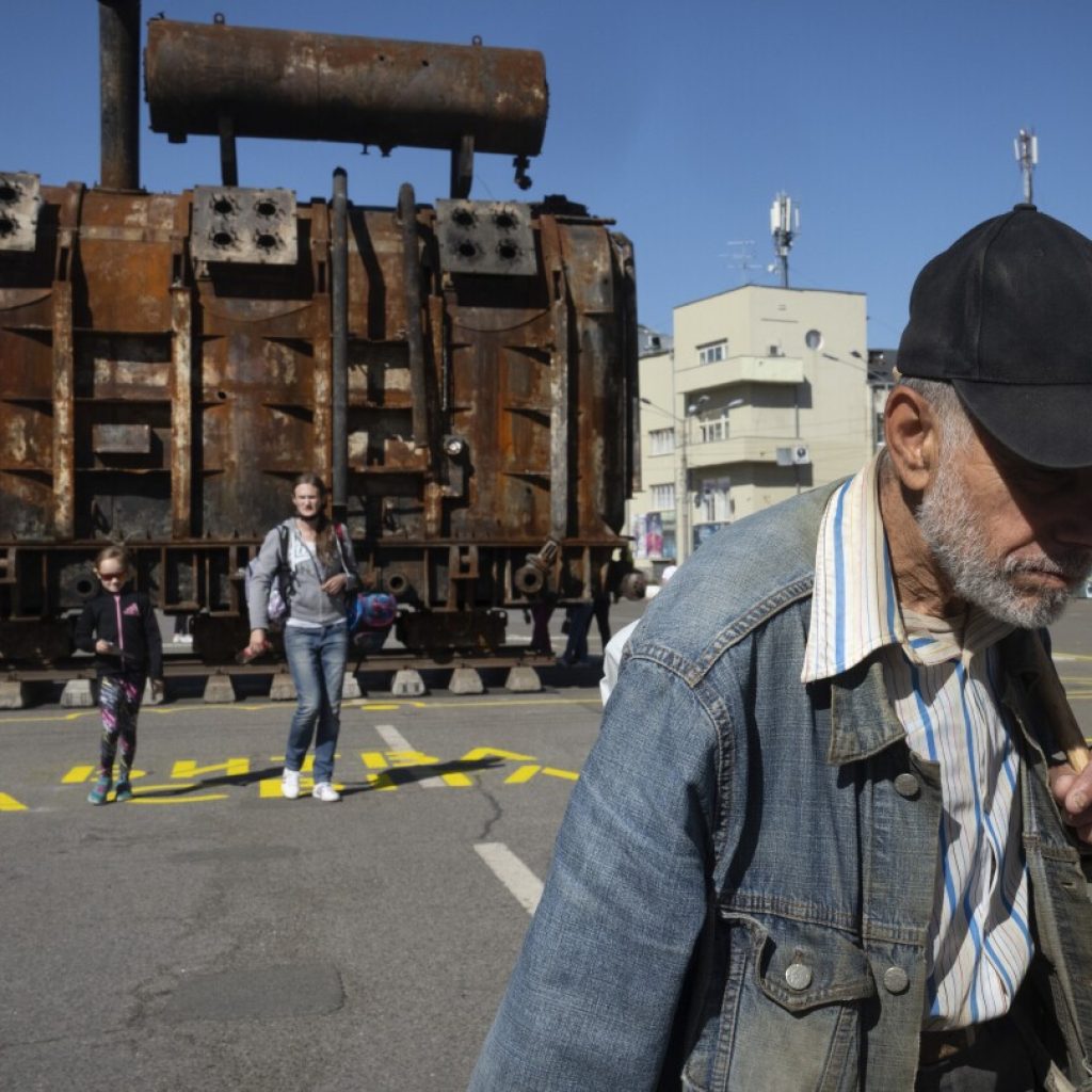 A charred transformer on a Kyiv square makes for an unusual Ukraine war exhibit