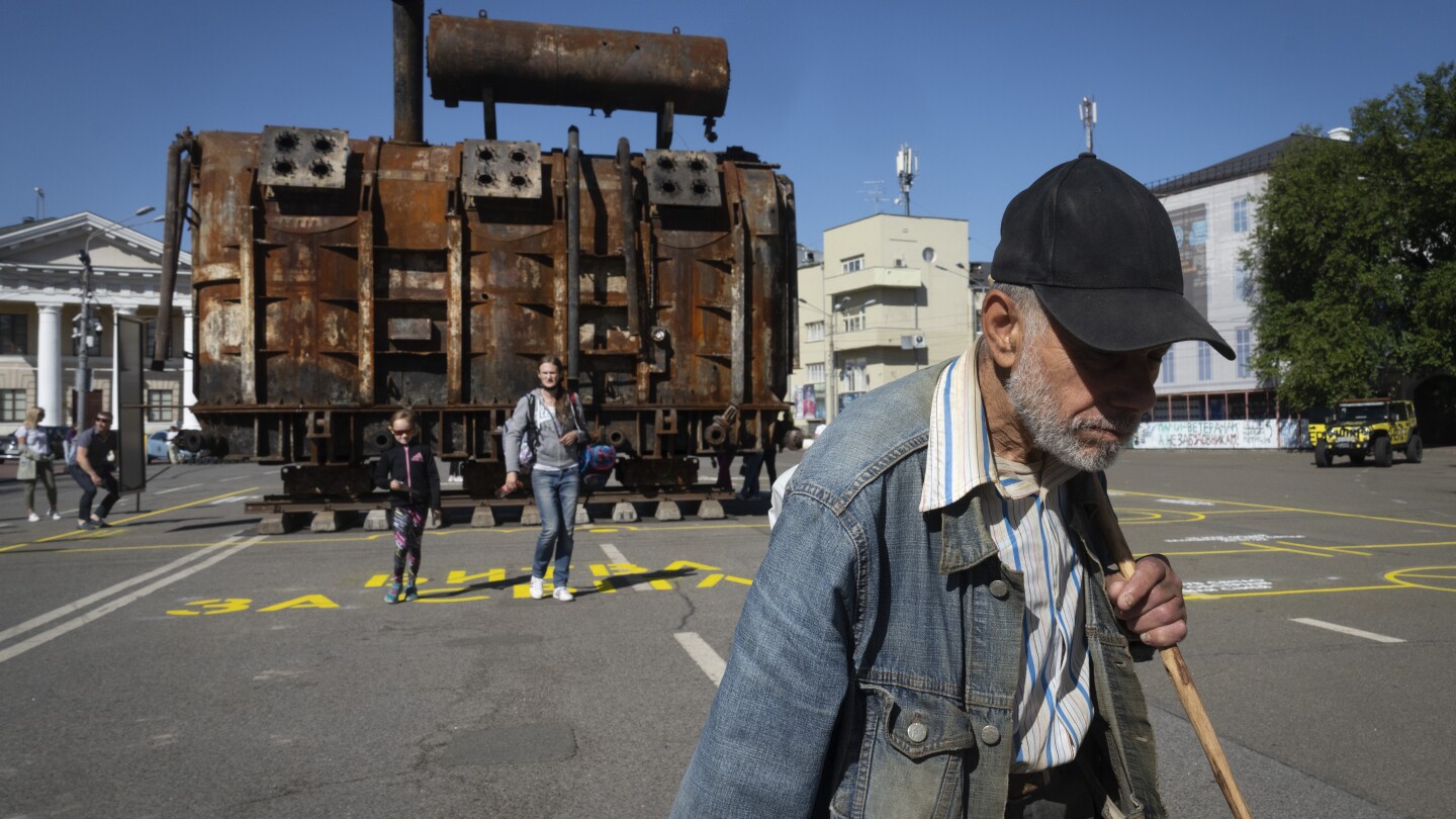 A charred transformer on a Kyiv square makes for an unusual Ukraine war exhibit